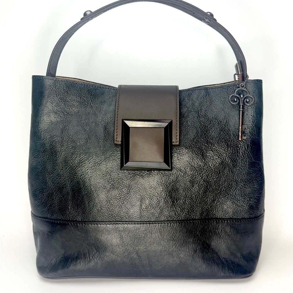 Black Genuine Leather Tote Bag w/ Square Buckle & Key Charm – Like New